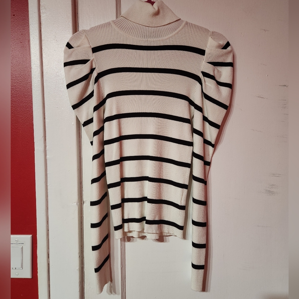 M puffed sleeve striped turtleneck sweater